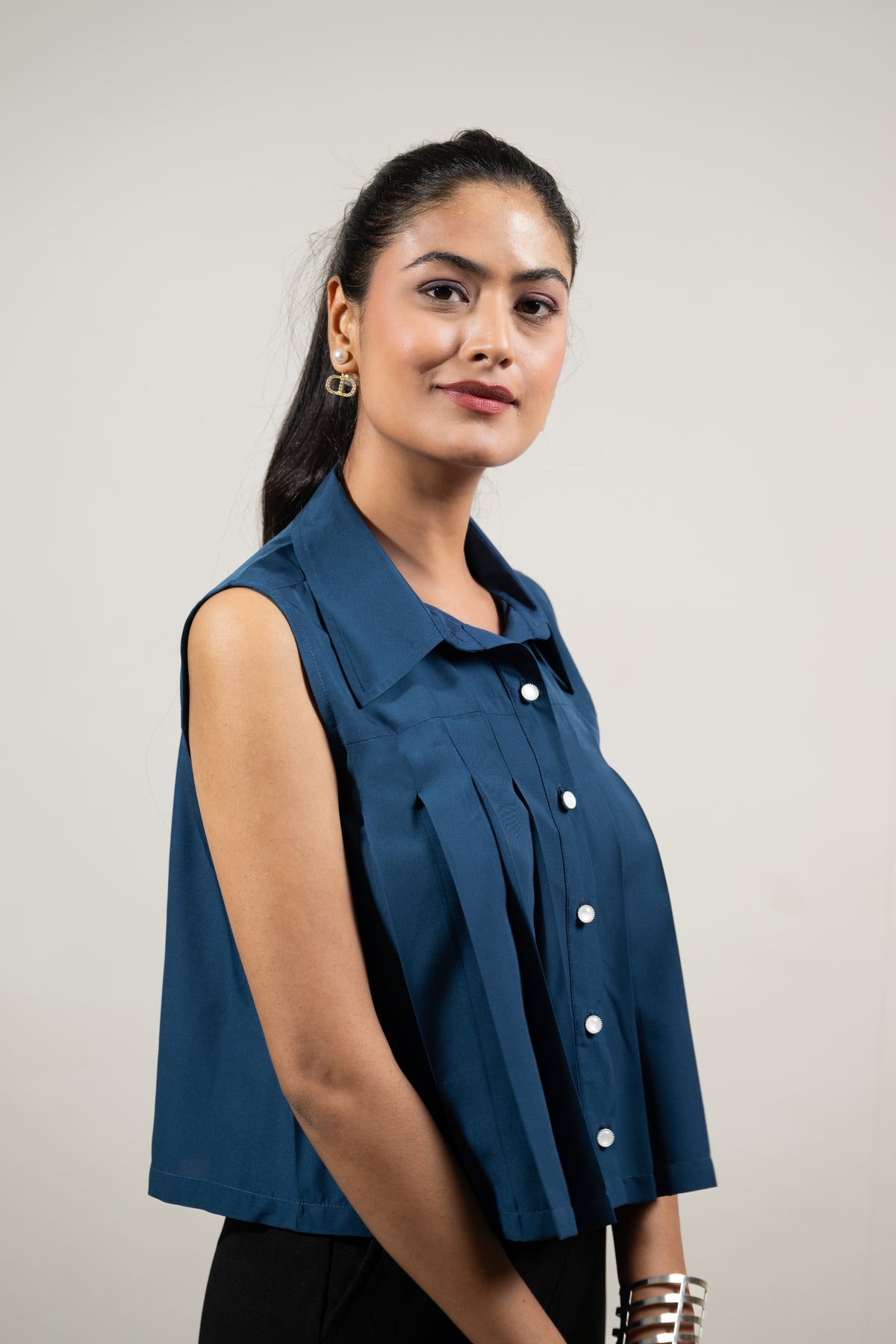 Navy Pleat Perfect Top