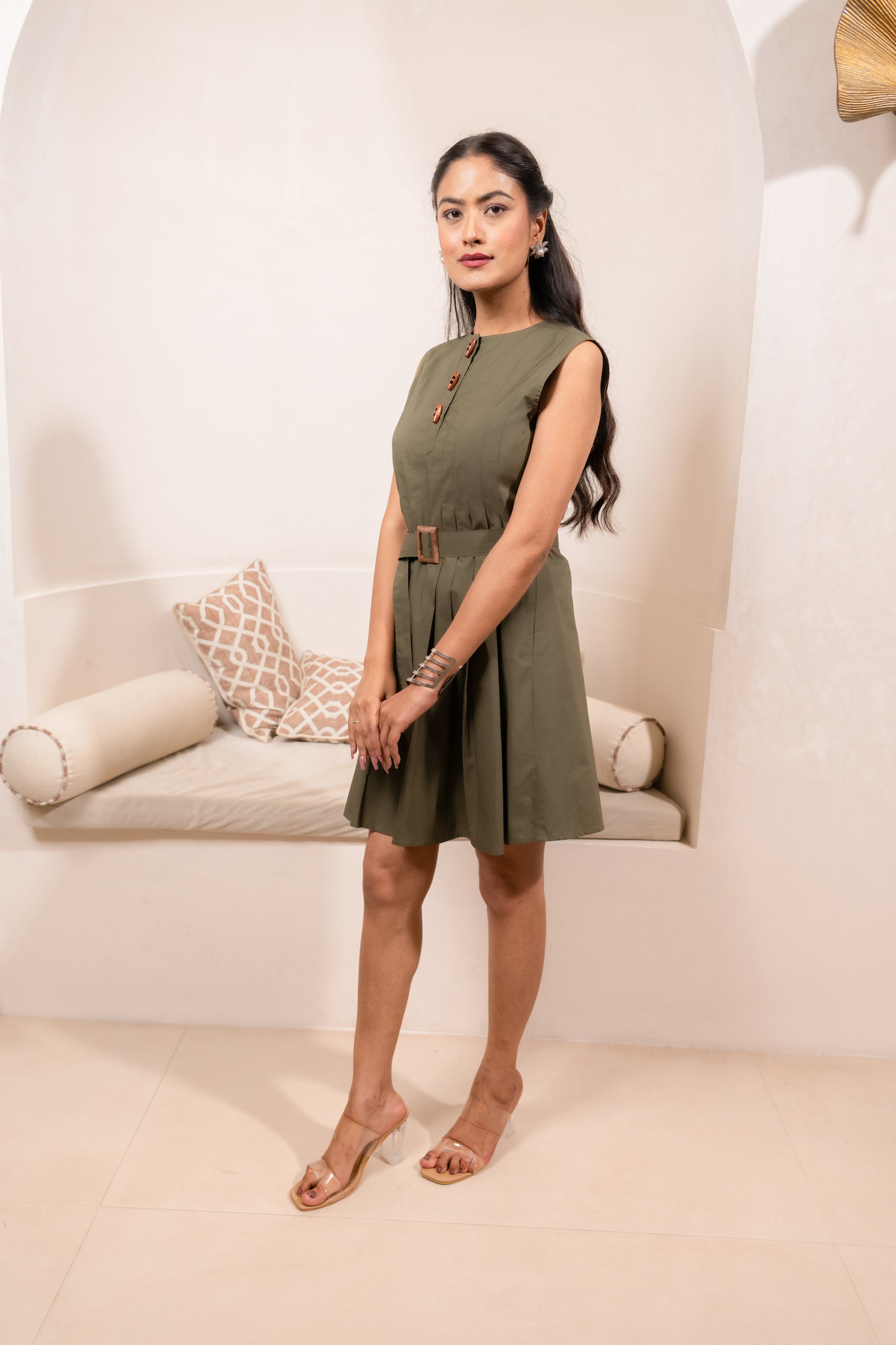 Olive Buttoned Grace Dress
