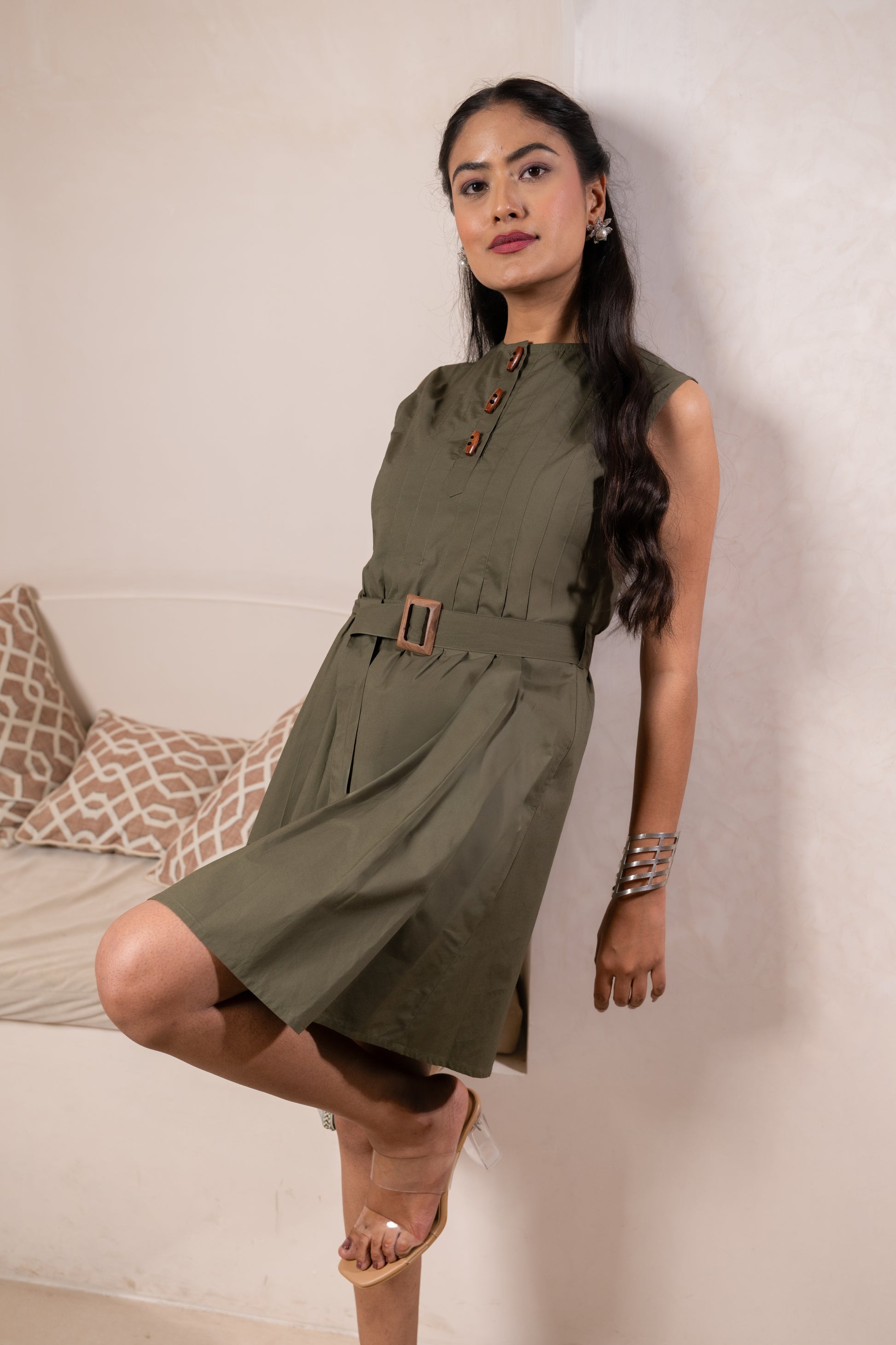Olive Buttoned Grace Dress