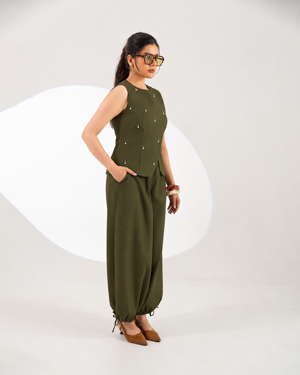 Olive Meteor Drape Co-ord Set