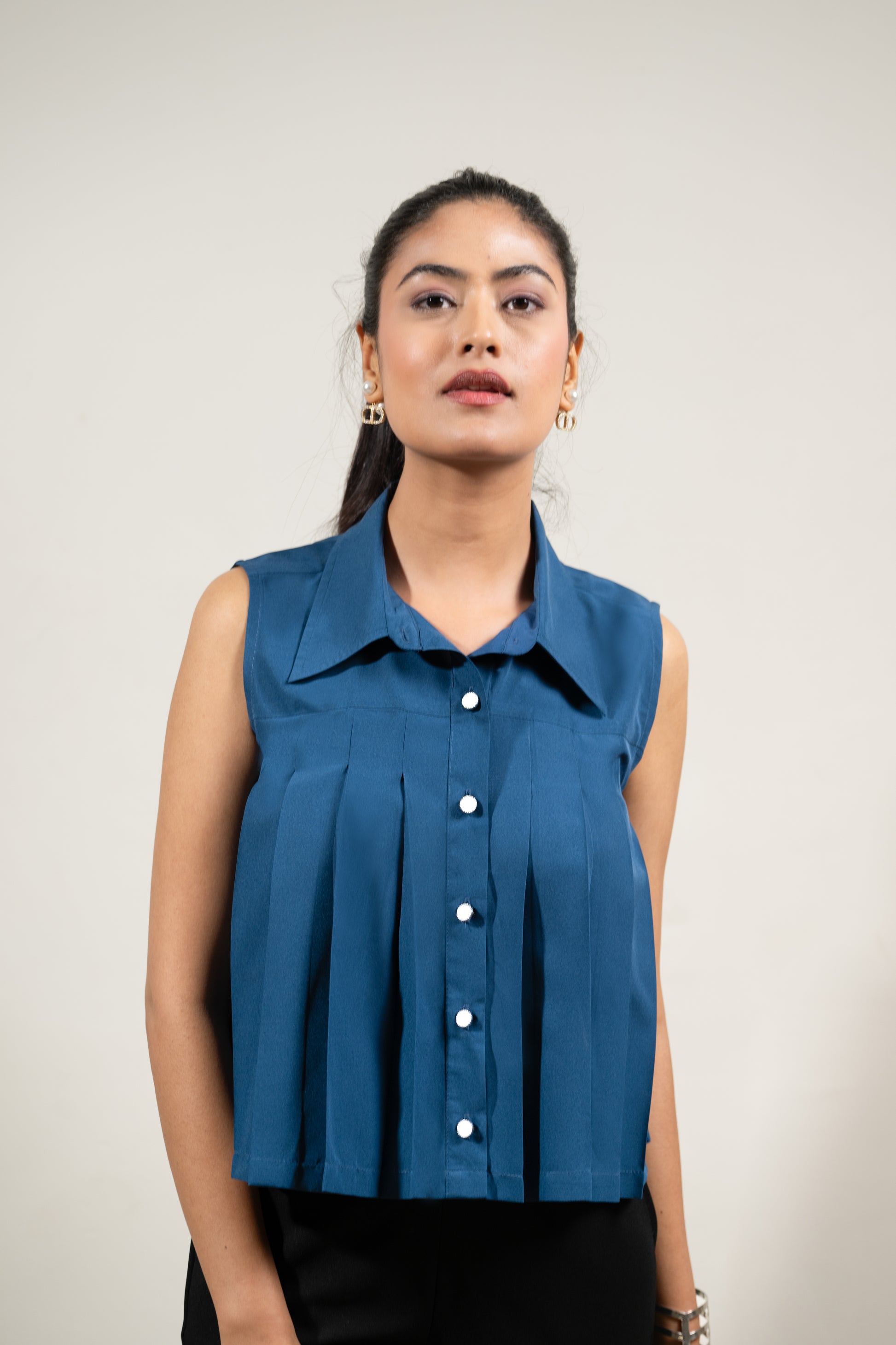 Navy Pleat Perfect Top