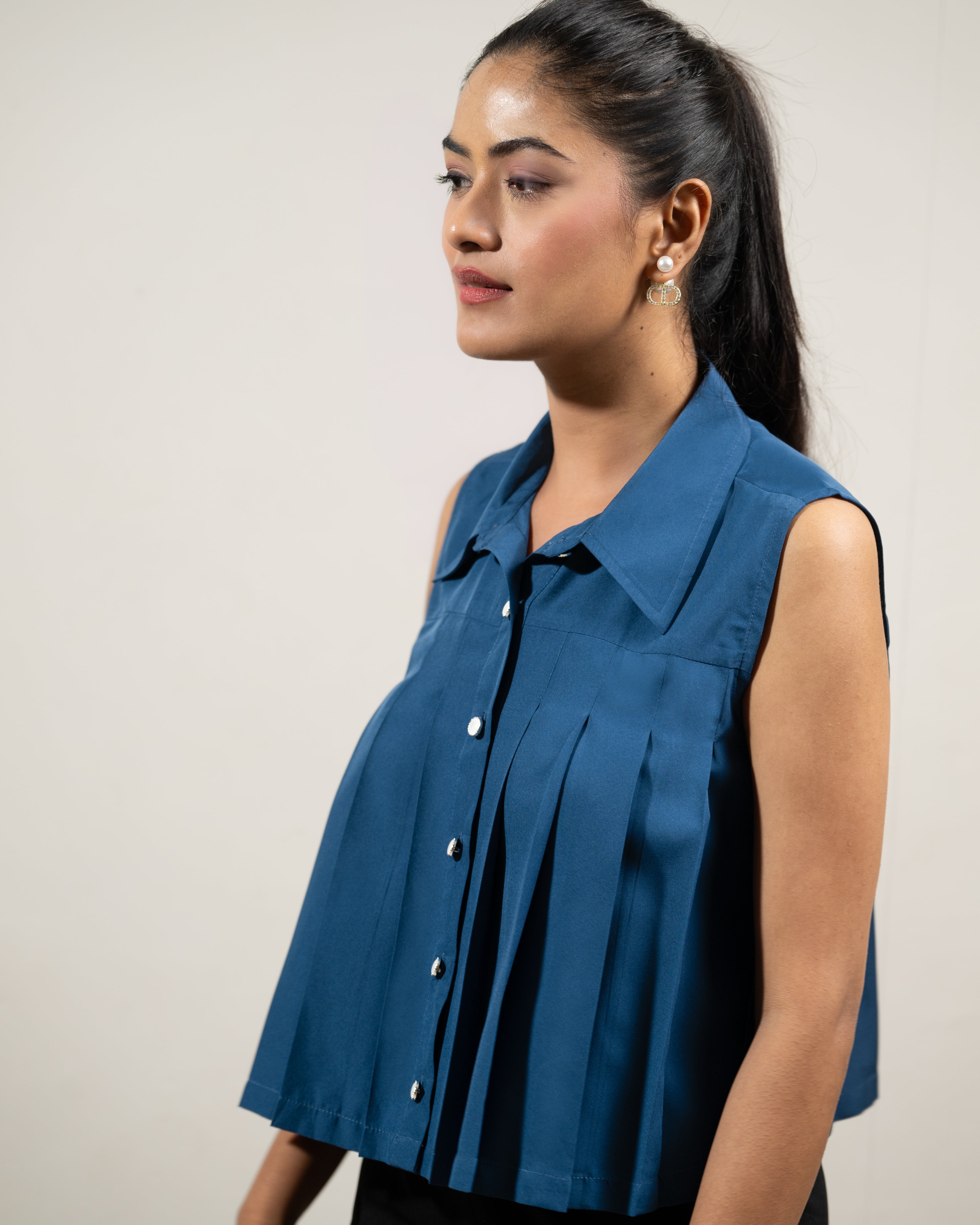 Navy Pleat Perfect Top