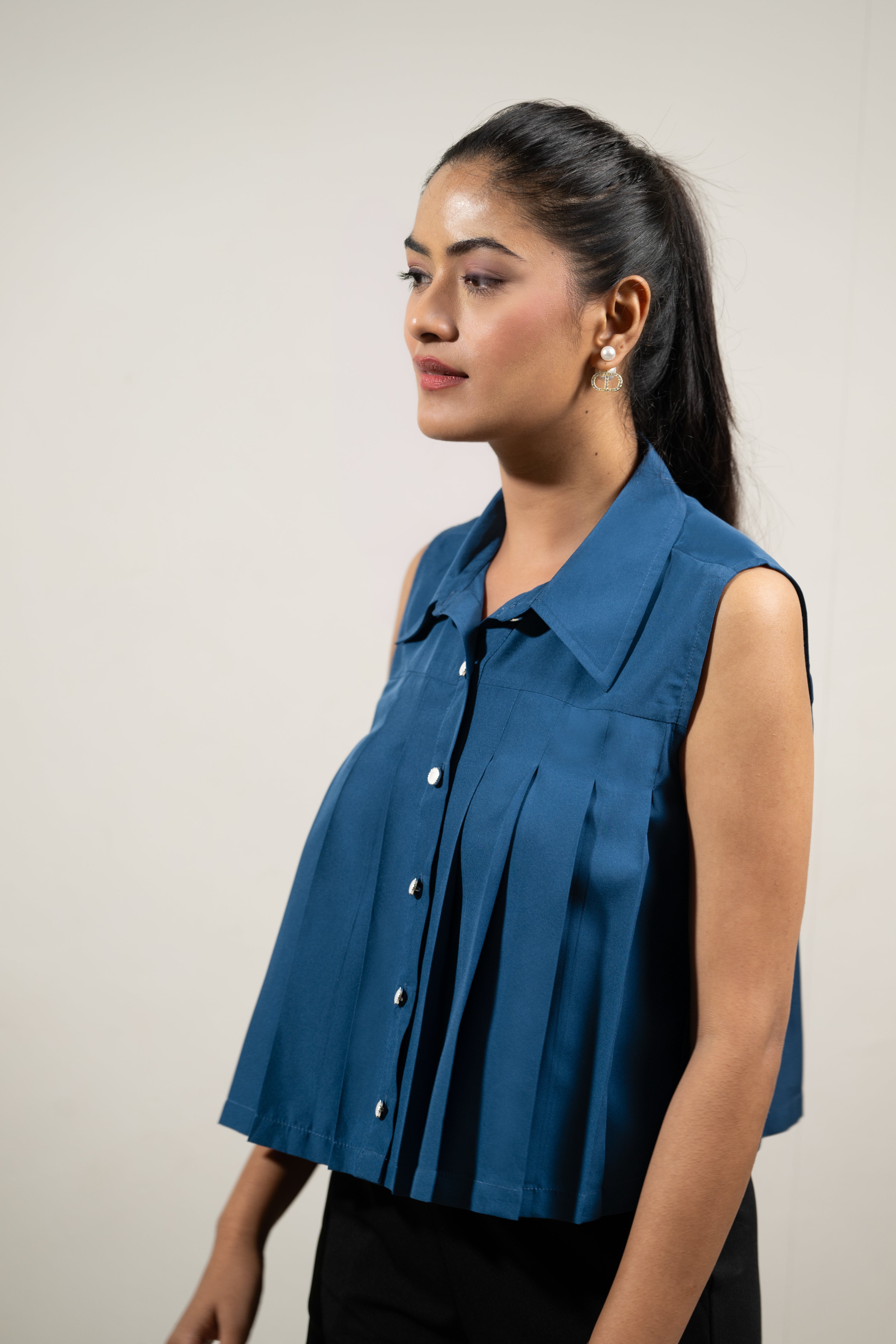 Navy Pleat Perfect Top