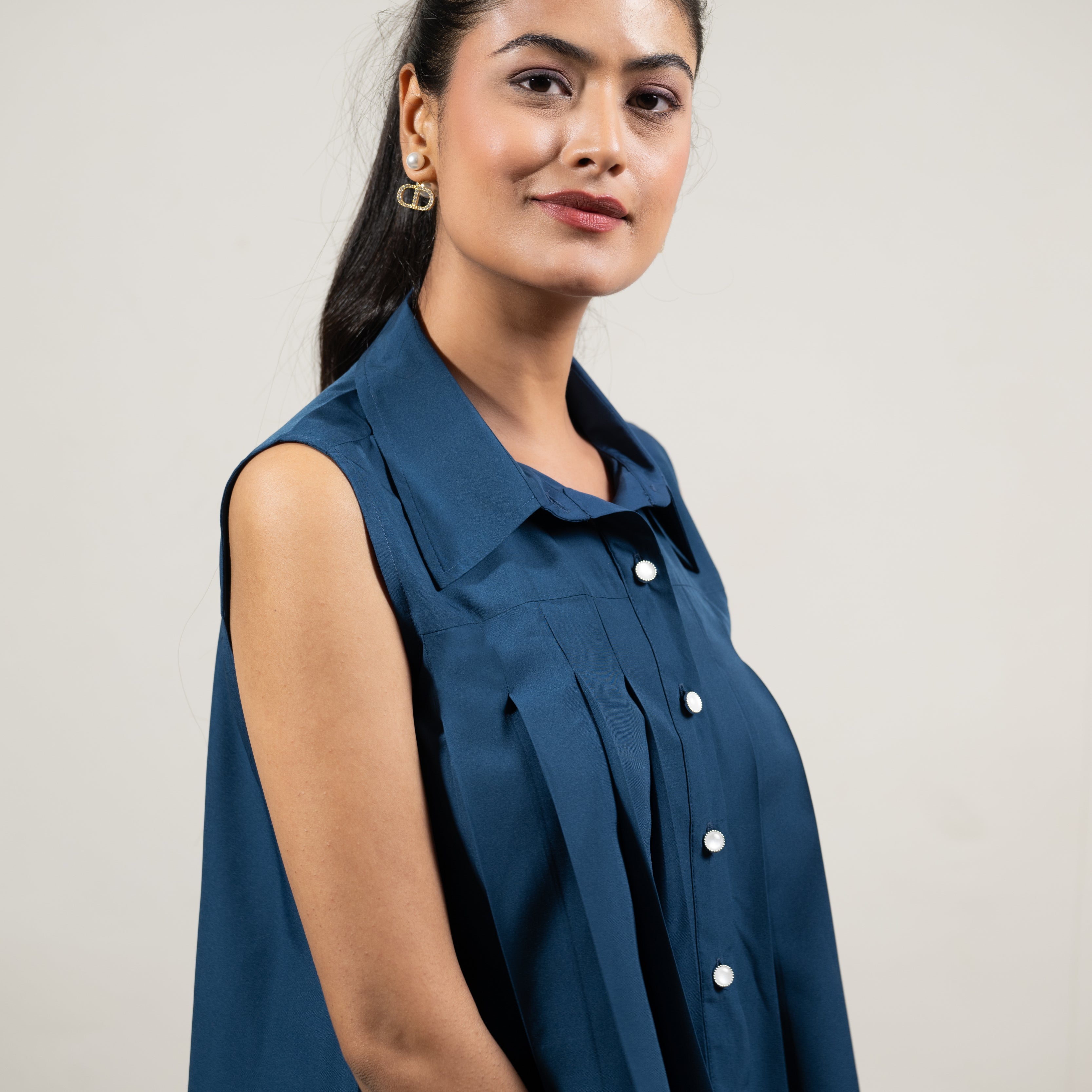 Navy Pleat Perfect Top