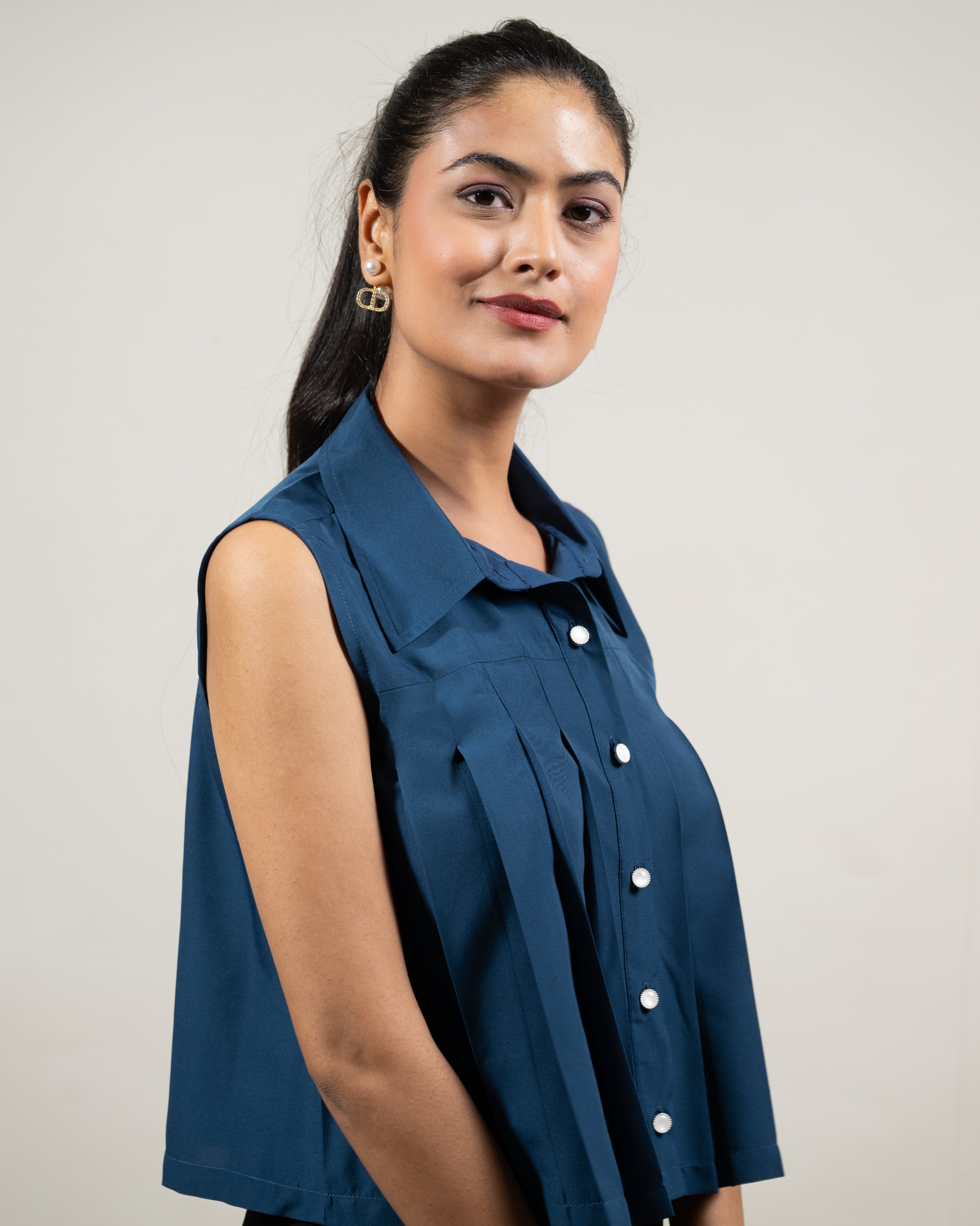 Navy Pleat Perfect Top